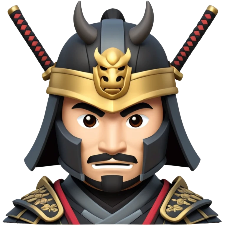 clash-of-clans-aesthetic_-cinematic-fearsome-and-majestic-samurai-bust-portrait-emoji, rendered in a flat, vector-style with minimal shading and bold, simplified shapes typical of emoji art, depicting a battle-hardened samurai with black mask and traditional black Japanese armor. The samurai is riding a noble grey warhorse adorned with an intricately designed saddle and fluttering banners and a rising sun. a samurai riding on a  horse zoomed in emoji