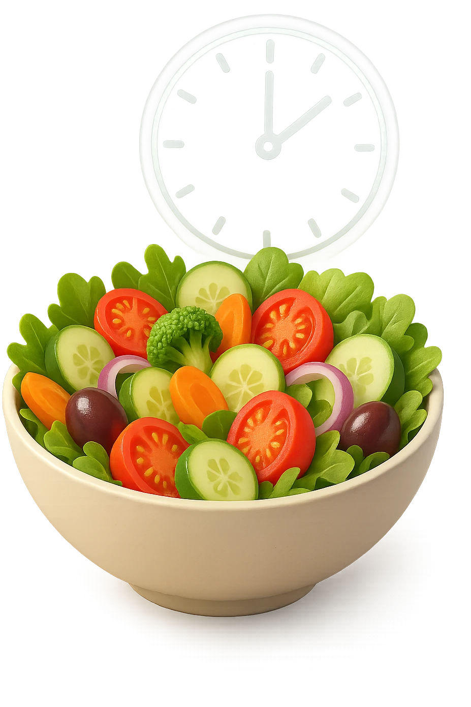 bowl con insalatona e orologio che le fluttua dietro che simboleggia una cena fatta in ritardo in 3d emoji