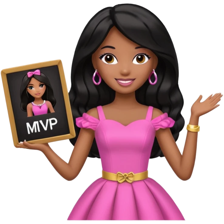 Black barbie, long black  hair, pink dress holding mvp sign  emoji