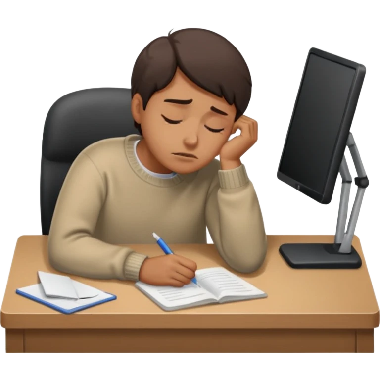 A person wearing a jumper experiencing burnout, exhausted and overwhelmed, tired eyes, slumped posture, sitting at a desk, iOS emoji style emoji