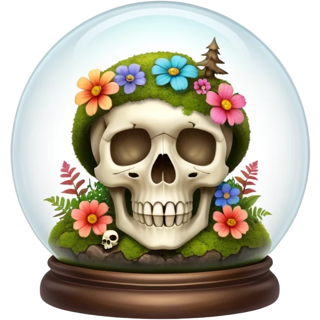 Mystical woodland glass dome globe with moss and a skull and flowers inside  emoji