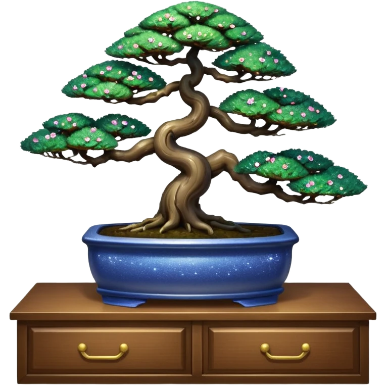 Shiny sparkly glittery beautiful elegant pretty precious divine Japanese bonsai tree in a pot on a dresser beautiful aesthetic scenery  emoji