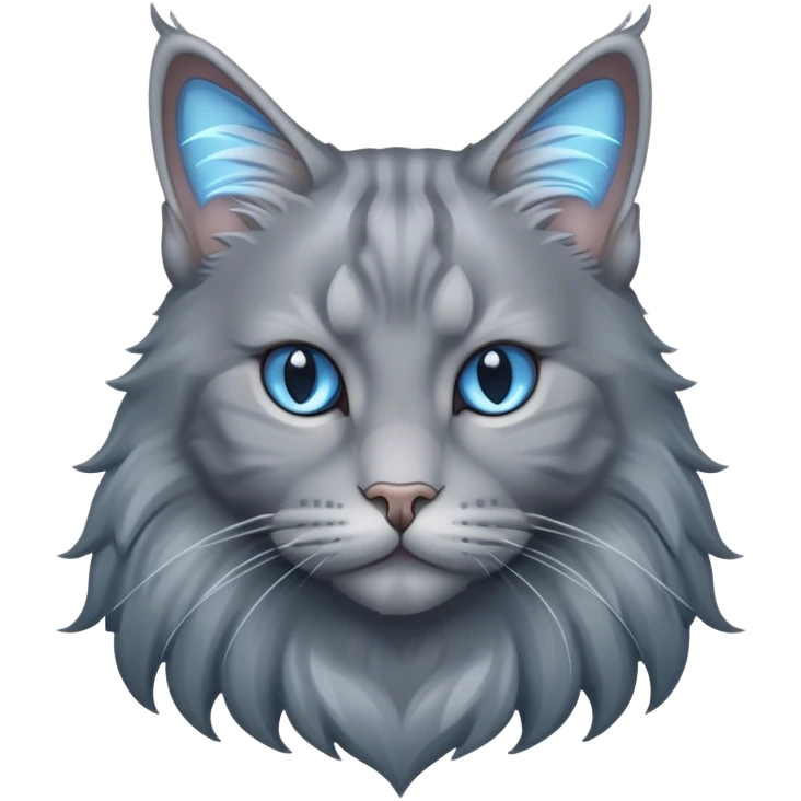 Cinematic Solid Grey Maine Coon Cat Portrait Emoji, Elegant and alert, sleek grey and silver tones with soft undercurrents of blue, Simplified yet sharp features, highly detailed, glowing with a calm, wise glow, high shine, intelligent and poised with a long, wise face that speaks of experience, stylized with an air of grace, focused and attentive, soft glowing outline, capturing the essence of strength and wisdom, so lifelike it feels as though it could spring into motion at any moment, exuding a sense of majestic age and quiet dignity. emoji