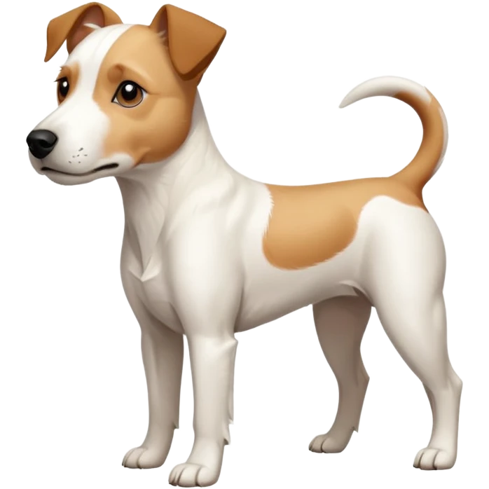 a full body facing front on of a buff white parson russell terrier looking dog the size of a kelpie with light brown long ears resting on its face and a light brown patch on one eye and a large snout. the rest of the dog is completely white.  emoji