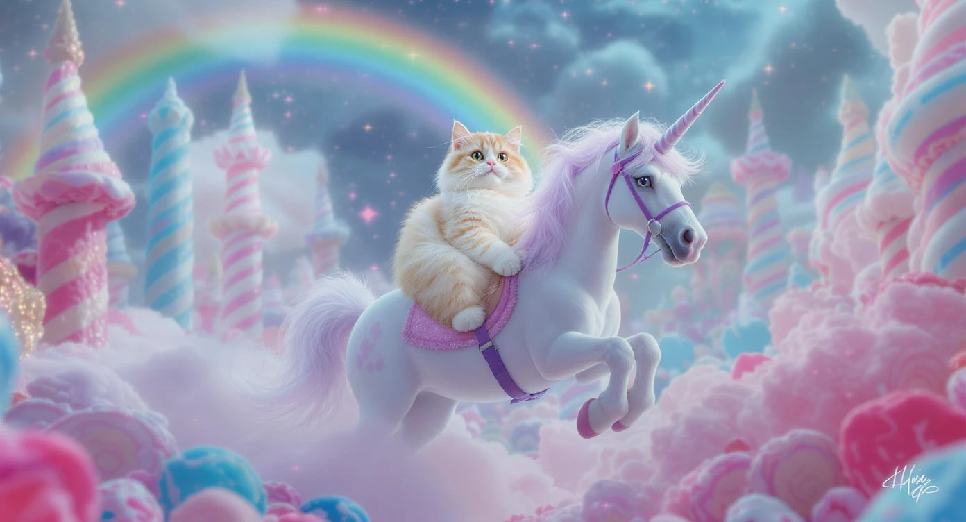 Cinematic still of a cat riding on unicorn around magic pink, and blue candy world, rainbow, dynamic shot emoji