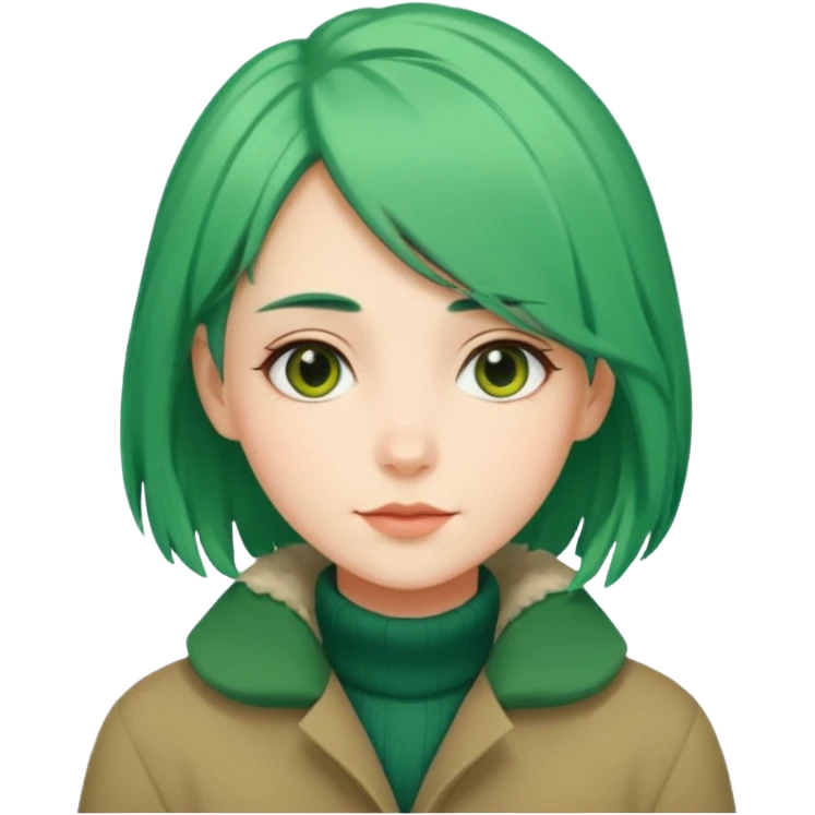 Girl with green hair wearing warm winter coat with a relaxed posture and friendly face emoji