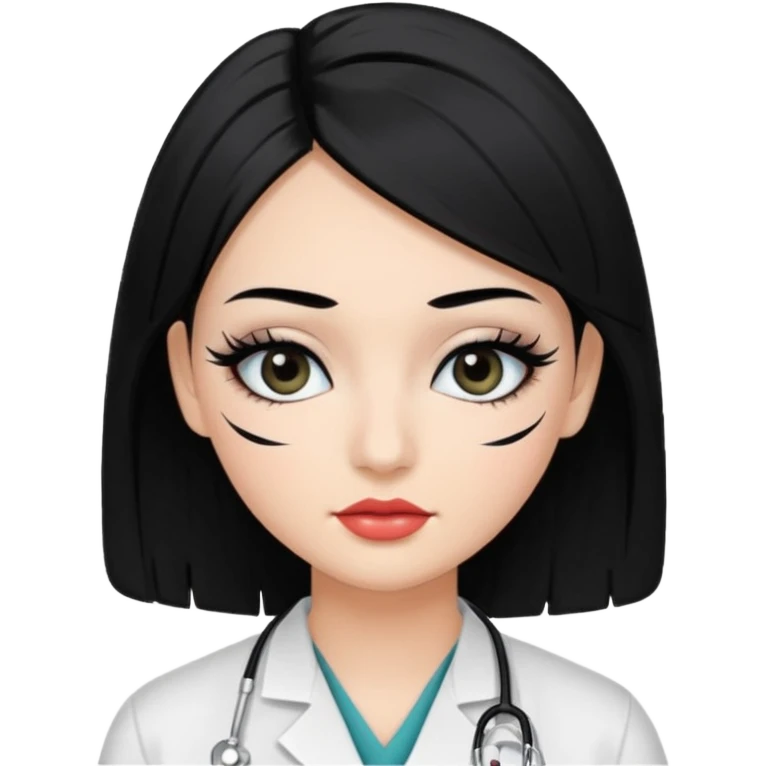 Medical student, black hair, black eyes, false eyelashes, makeup, eyeliner,  emoji
