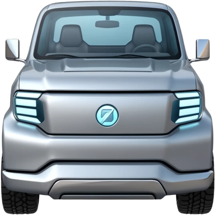 A futuristic electric pickup truck emoji, silver chrome body, angular cyber design, smooth metallic panels, subtle reflections, minimalistic proportions, iOS emoji style, centered composition, clean white background, soft lighting emoji