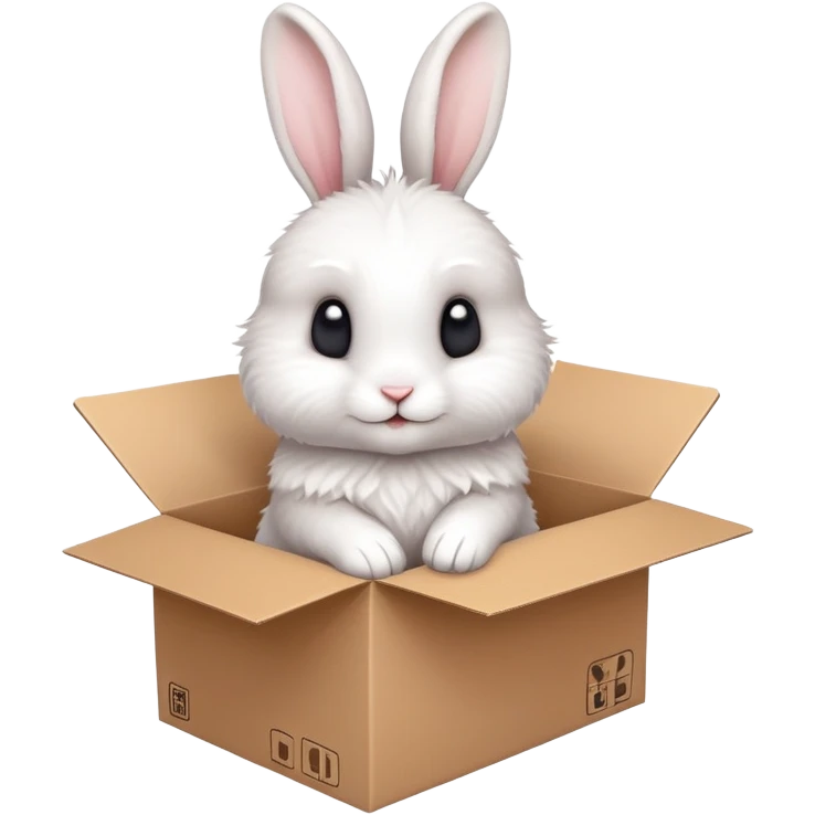 A very cute young  rabbit  with one's head tilted to one side poked its paws out of the cardboard big box and placed them on top of it emoji
