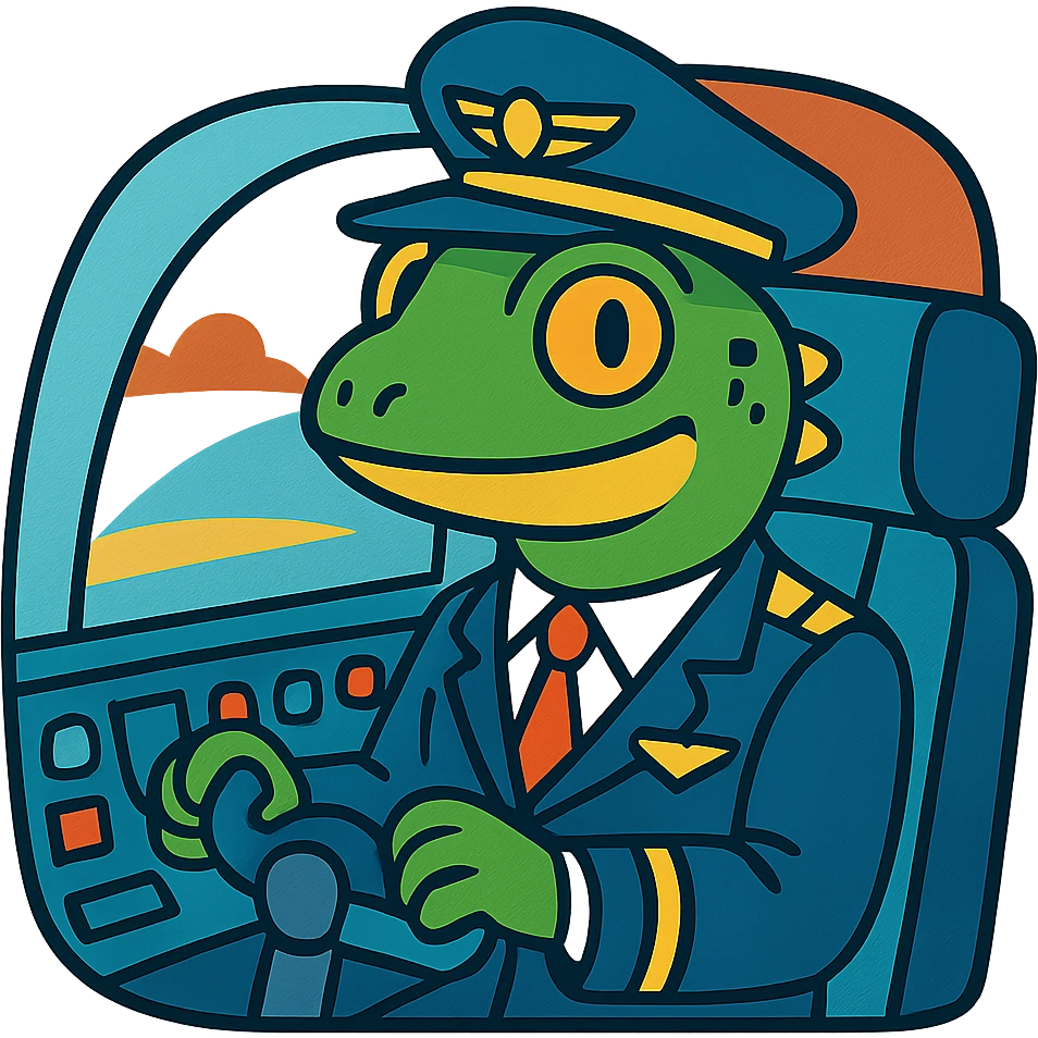 a lizard in a pilot uniform, sitting in a cockpit, cartoon style emoji