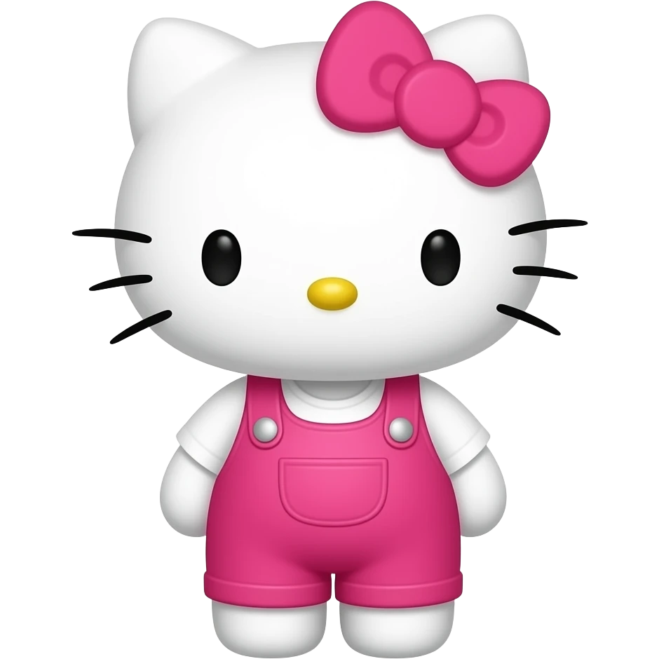 Hello Kitty wearing hot pink overalls and a white shirt with a hot pink bow emoji