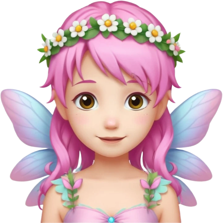 A tiny pastel fairy with pink hair with glowing wings and a sweet smile and tiny flower crown emoji