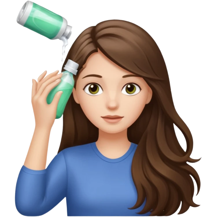 white long brunette hair girl with hazel eyes putting shampoo in emoji