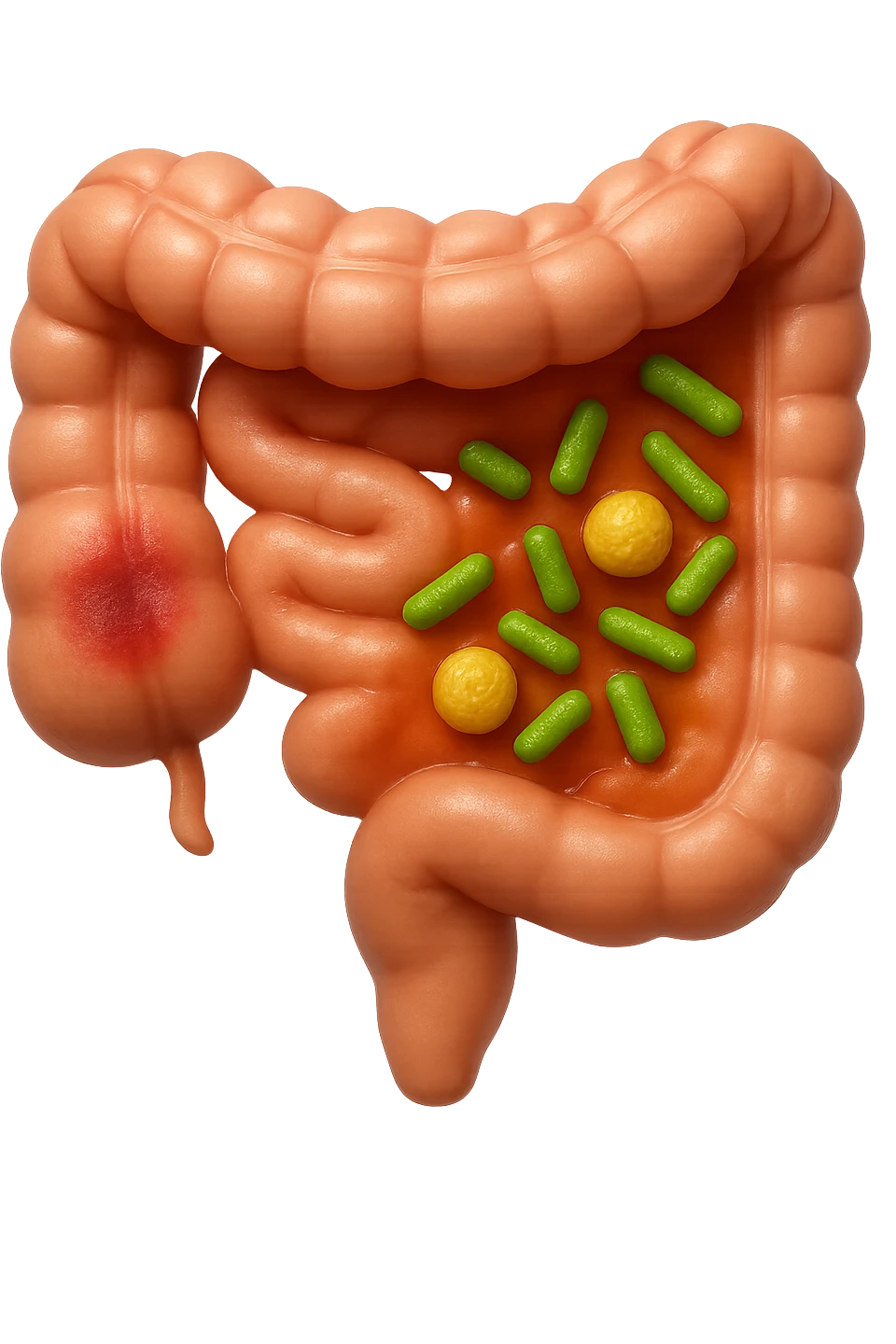 emoji stile iphone in 3d di intestino realistico con infezione e batteri dentro, iperrealistico 4k emoji
