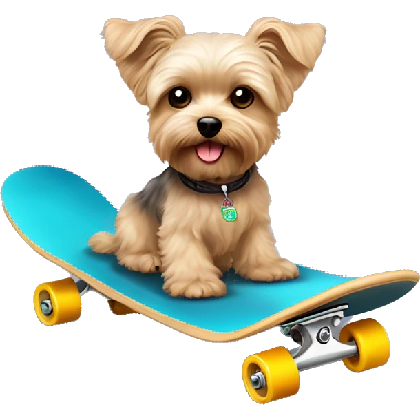 yorkie bichon mix. dog with light tan curly fur, very very long ears down. dark brown eyes, mouth closed. on a skateboard emoji