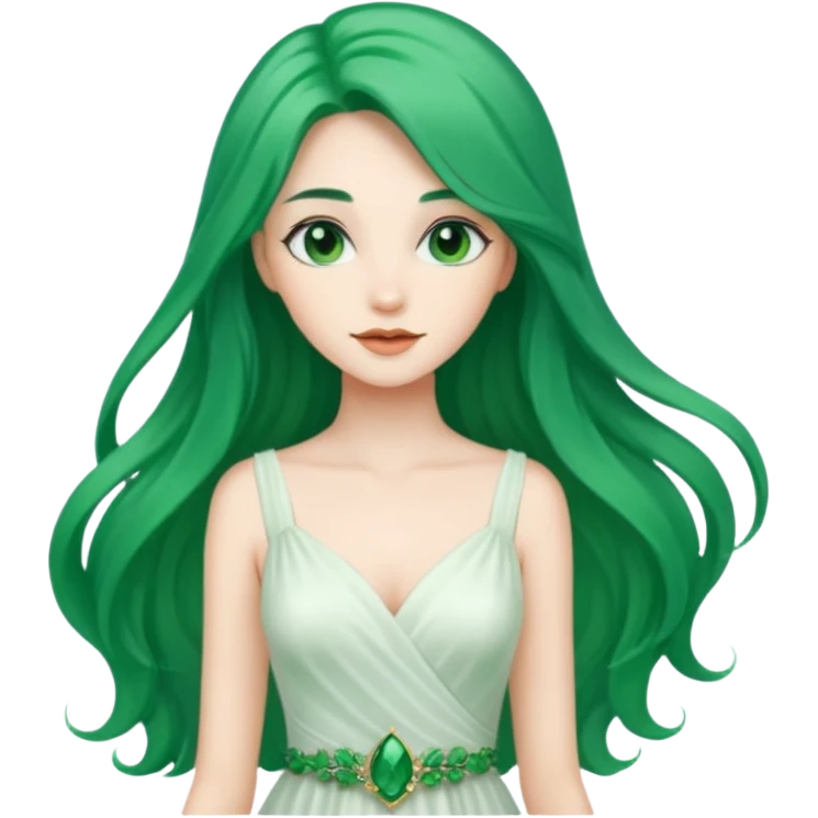 Woman with Long Emerald Hair – flowing green hair, elegant look, white dress emoji