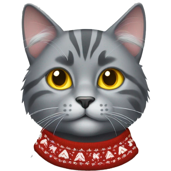 Fluffy grey cat yellow eyes wearing a Christmas sweater emoji