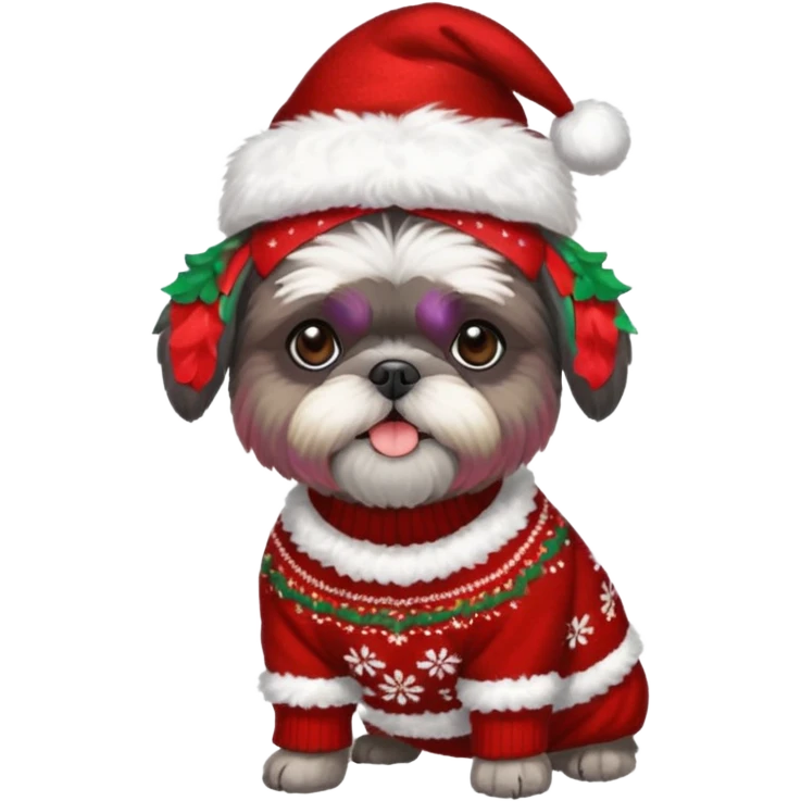 dark grey shih tzu christmas sweater and hat emoji
