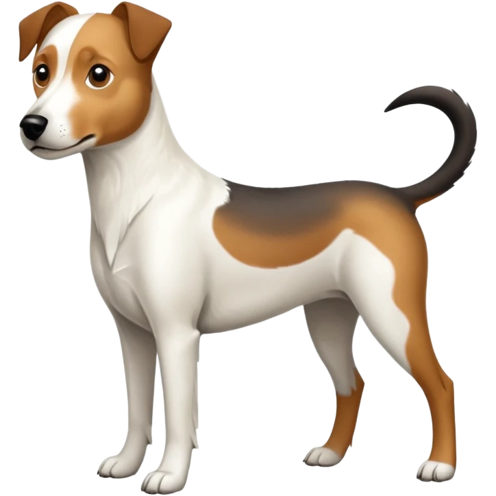 a full body large white parson russell looking dog the size of a kelpie with light brown flapped down ears and a light brown patch on one eye and a large snout emoji