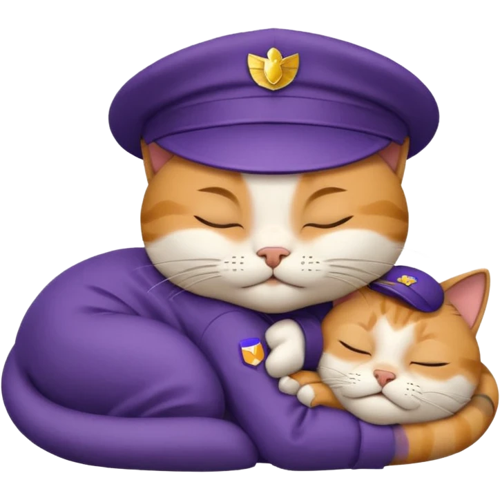 emoji of sleeping cat, its pose is lying, it has on his head FedEx uniform cap emoji