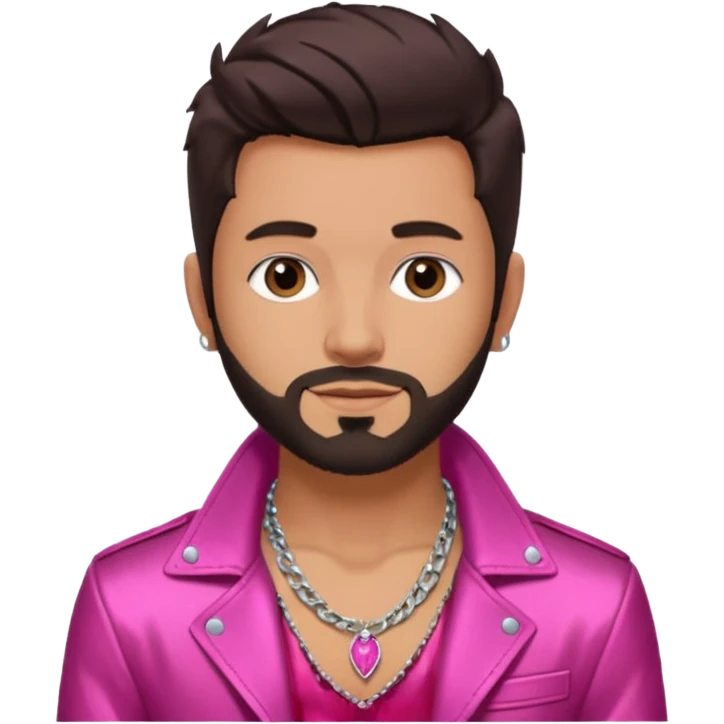Frankie Zulferino, Pop Singer (b.1990) with dark brown hair and short beard shirtless with necklace, dark pink metallic jacket emoji