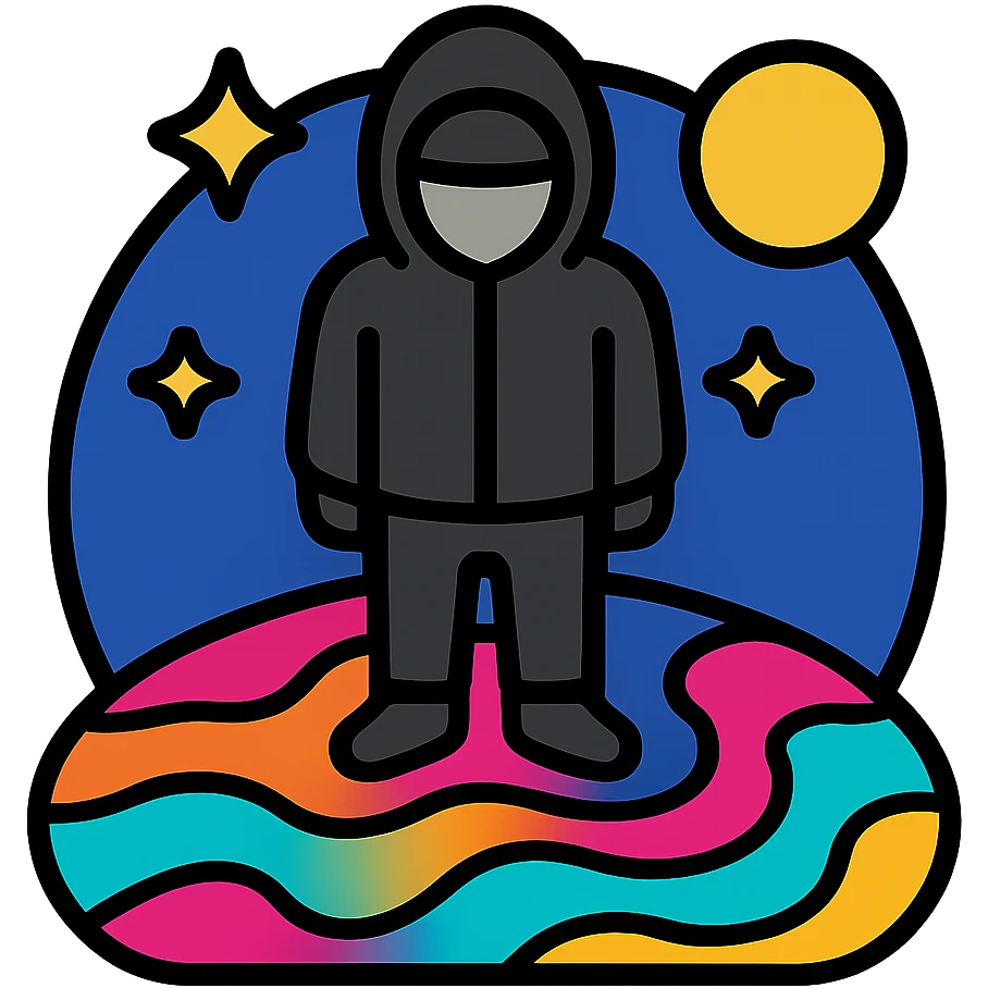 Figure in black hoodie and mask standing on vibrant cosmic earth surface, psychedelic colors flowing beneath feet, surreal cosmic sky above emoji