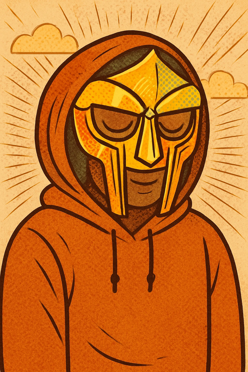 Add comic book effects including halftone dots, bold lines, and action lines to the MF Doom vibrant colors mask and hoodie portrait while keeping the flat warm color style. emoji