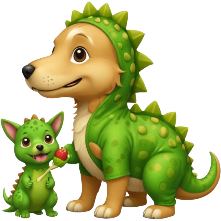 a golden retriever with a dinosaur costume thats eating a chihuahua thats in a dinosuar costume emoji