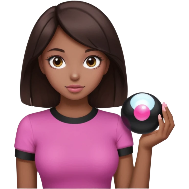 woman with dark brown hair, wearing an aesthetic top featuring a pink magic 8 ball emoji