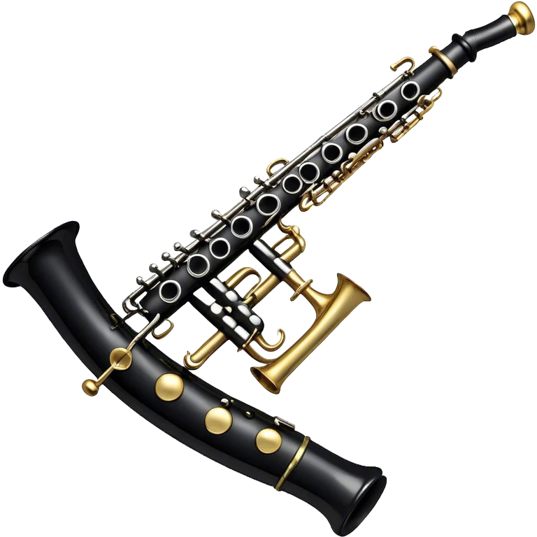 Create an elegant and detailed emoji representing a clarinet. The design should feature the sleek, black wood finish of the clarinet with its shiny metal keys clearly visible. Highlight the intricate details, such as the bell at the end and the carefully crafted mouthpiece with the reed. Use black wood tones for the body of the instrument and silver or brass accents for the keys. Add subtle musical notes or soundwaves floating around the instrument to evoke the smooth, melodic sound of the clarinet. The background should be transparent. emoji
