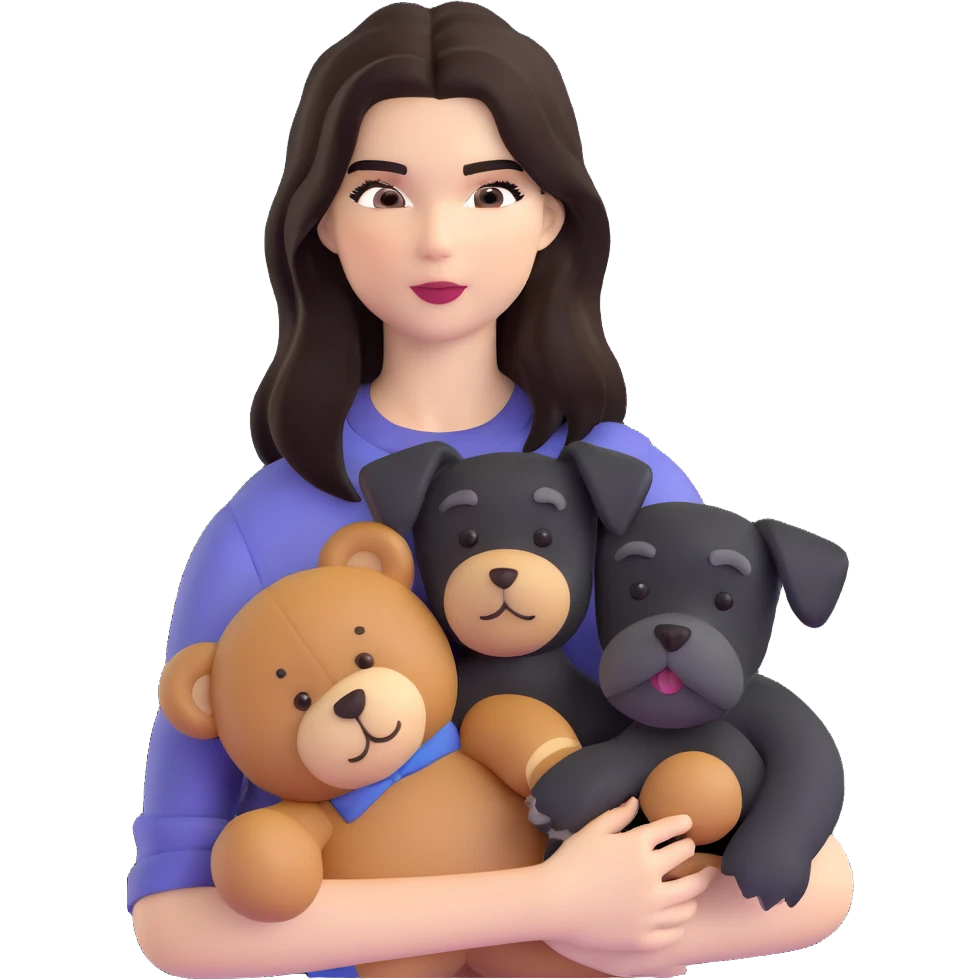 Kendall Jenner with long dark hair, holds a brown teddy bear and a black schnauzer emoji