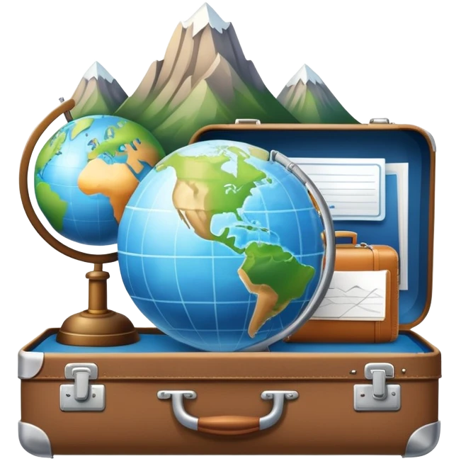 An icon featuring a suitcase, a hotel bell, and a globe, symbolizing tourism and hospitality. The design includes a scenic landmark, like a mountain or beach, and a check-in desk, representing travel and accommodation services. Transparent background emoji