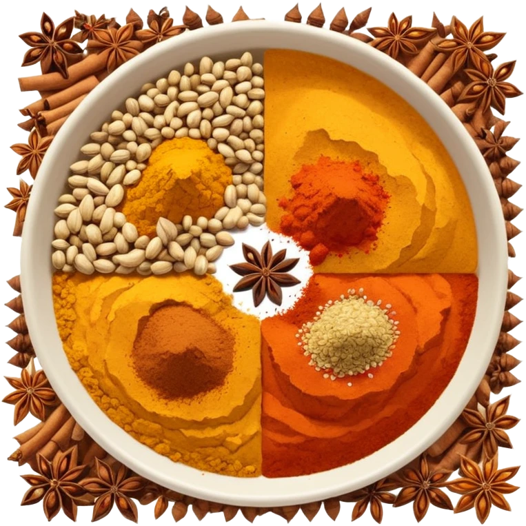 cluster of three loose spices turmeric paprika cumin distinct textures vibrant earthy colors side by side no bowls jars faces clean 3D soft lighting transparent background emoji scale emoji