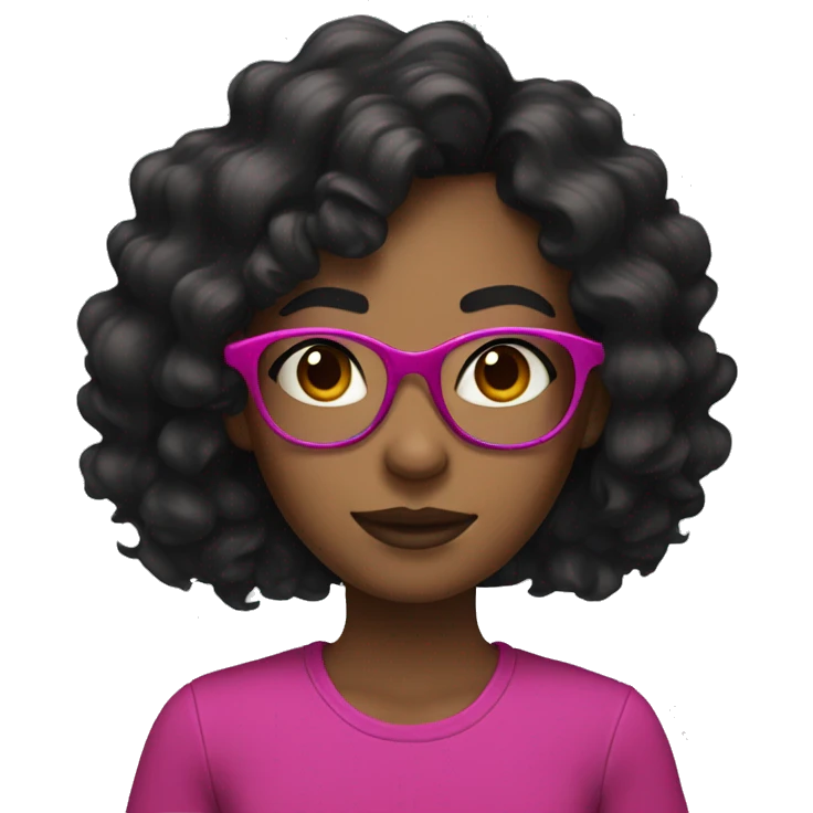 Girl with long curly black hair and brown skin and dark eyes and fuchsia round glasses  emoji