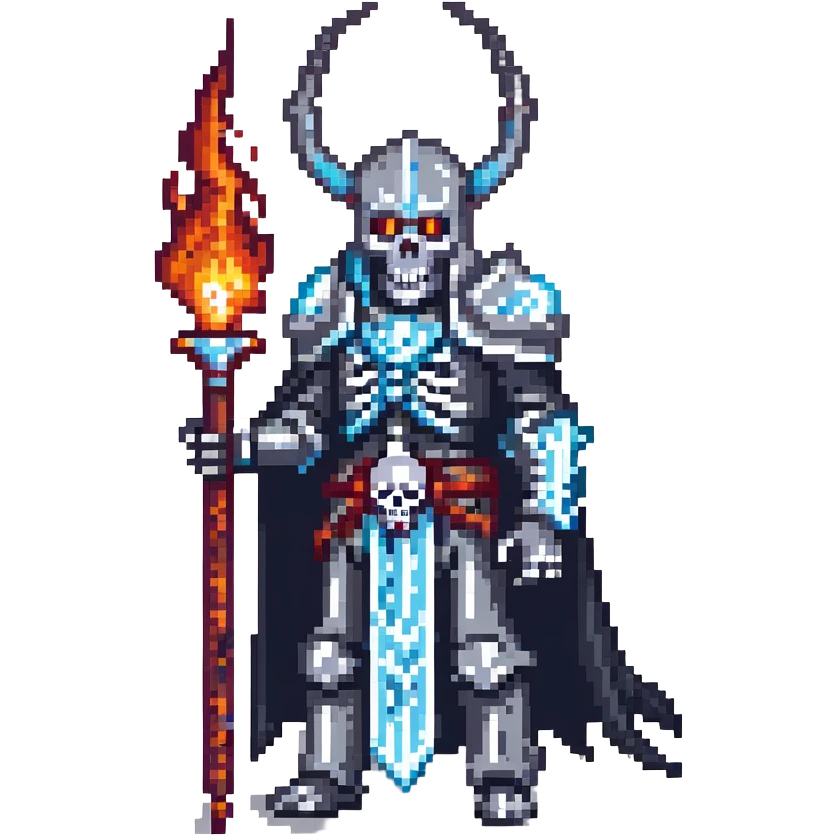 evil skeleton lich king in dark fortress with demonic fire emoji