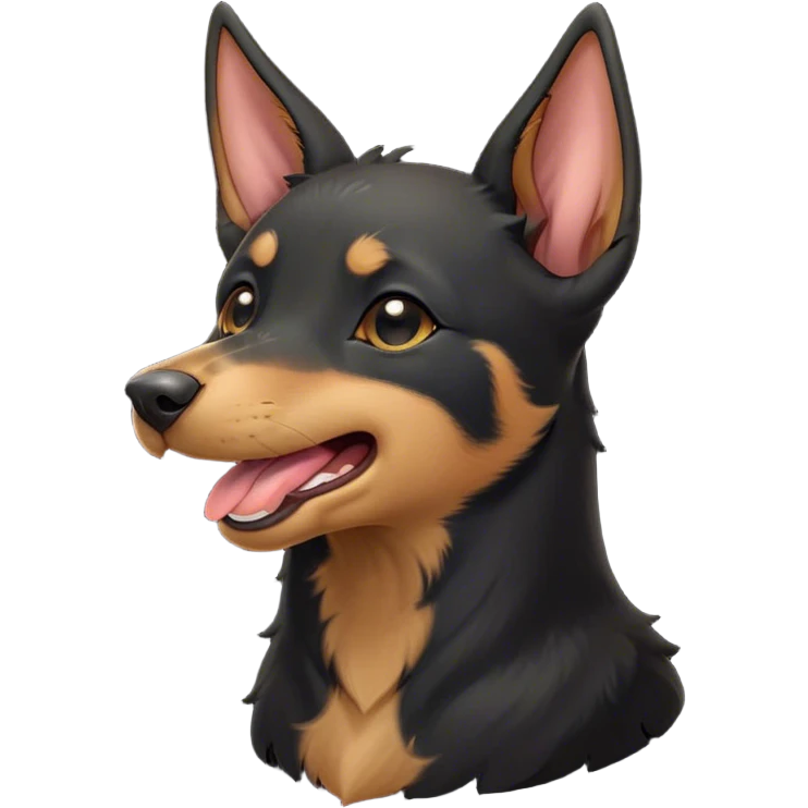 Cinematic Cute Yawning Black and Tan Kelpie Portrait Emoji, Head tilted slightly with a dramatic, wide-open yawn, showcasing a smooth black Fur with distinct tan accents, floppy ears slightly drooping, round dark eyes barely open in drowsy contentment, Simplified yet irresistibly adorable features, highly detailed, glowing with a soft, cozy glow, high shine, relaxed yet expressive, stylized with a touch of whimsy, bright and endearing, soft glowing outline, capturing the essence of a sleepy yet affectionate herder, so drowsy it feels like it could stretch out of the screen and curl up for a nap! emoji