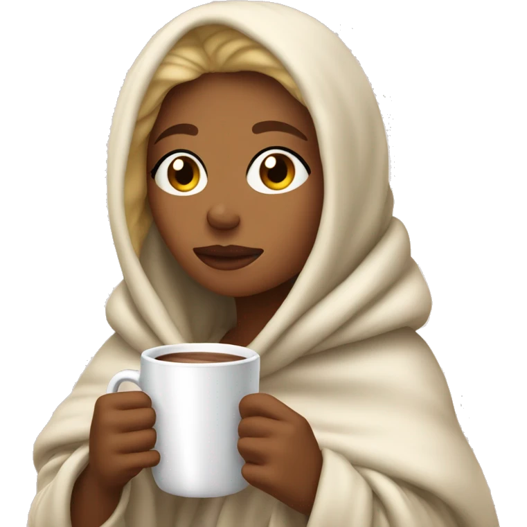 blonde girl wrapped in warm blanket drinking hot coco with eyes closed emoji