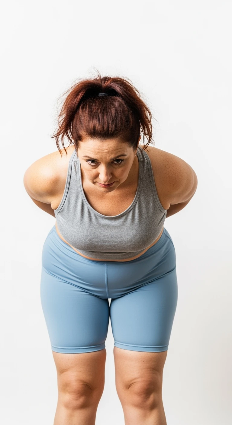 donna con cellulite in gym short leggermente piegata in avanti, con espressione dispiaciuta in volto isolata su sfondo bianco emoji