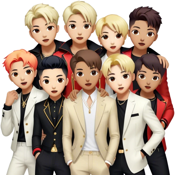 Cinematic Realistic BTS Portrait Emoji, depicted as a dynamic energetic portrayal of the global K-pop group with stylish modern attire and vibrant expressions, rendered with rich textures and bold contemporary lighting that captures their youthful charisma. emoji