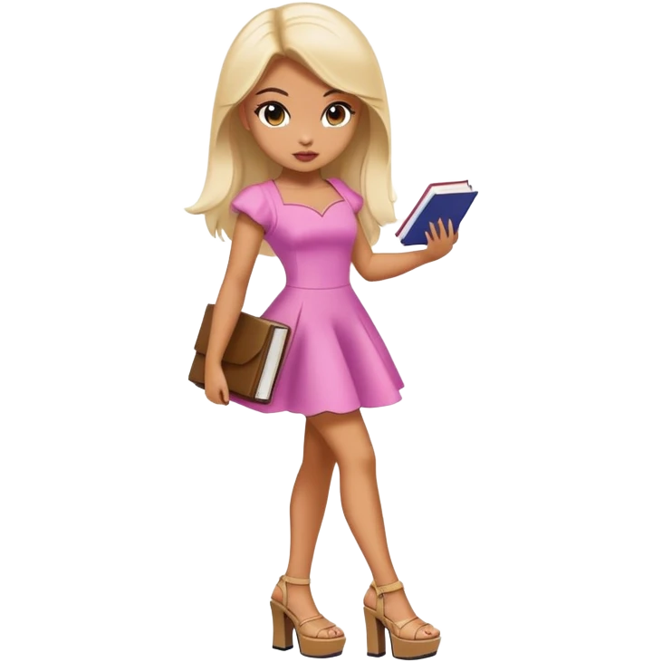 Bimbo walking, platform heels, mini dress, picking up book from ground, hot , bratz emoji