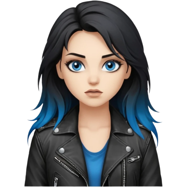 
 rockstar girl with long black disheveled hair, blue eyes, Smokey eyes grunge makeup, rocking  emoji