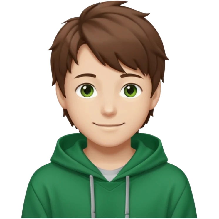 the face of an Anime teen boy with brown hair, green eyes, looking smiling slightly sideways positioned. Face must be main filling of the emoji. A little piece of hoodie can be visible. 128px emoji