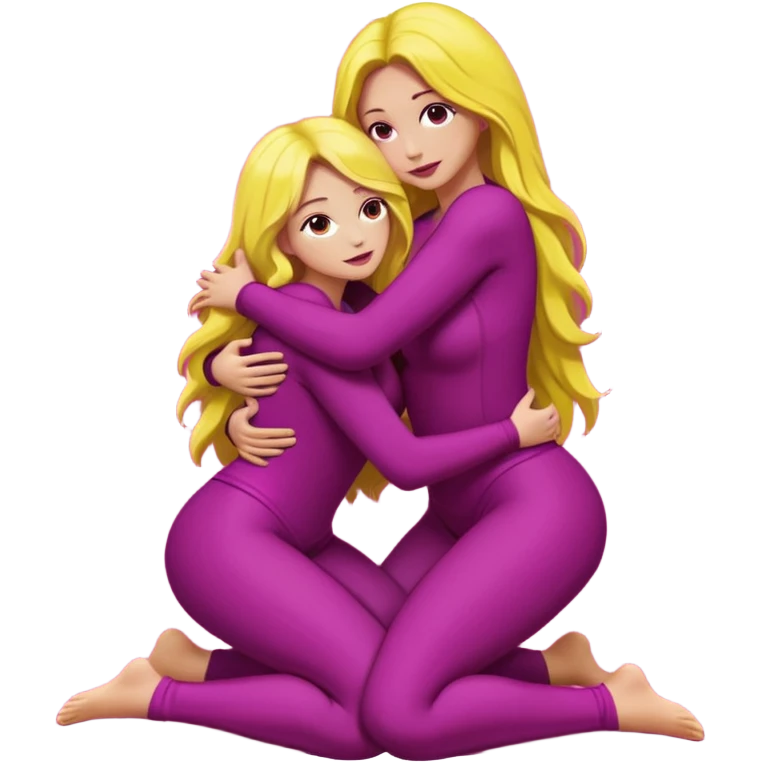 One figure is dark magenta and is kneeling.
	•	The other figure is yellow with long hair and is being held, with their arms around the magenta figure’s neck.
	•	The yellow figure’s legs wrap around the magenta figure’s waist, suggesting a close, intimate embrace. emoji