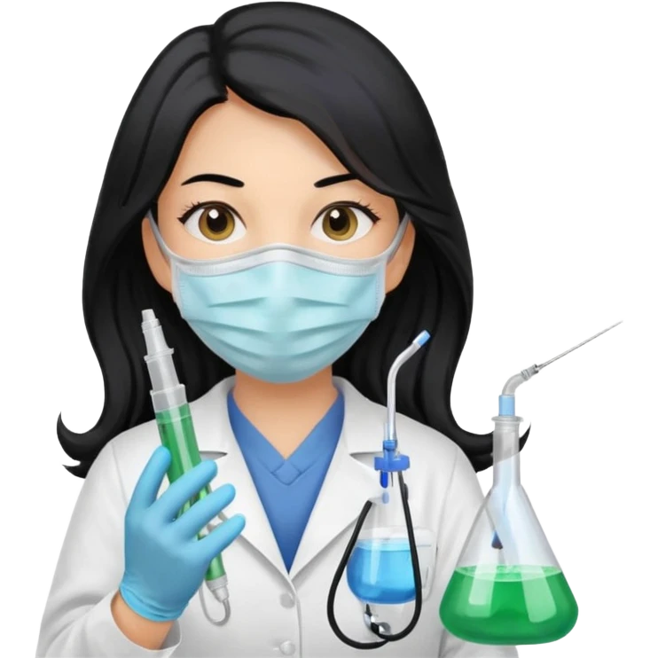 medica con guantes  y mascarilla e insumos laboratorio  jeringa tubos  pelo negro largo triguella emoji