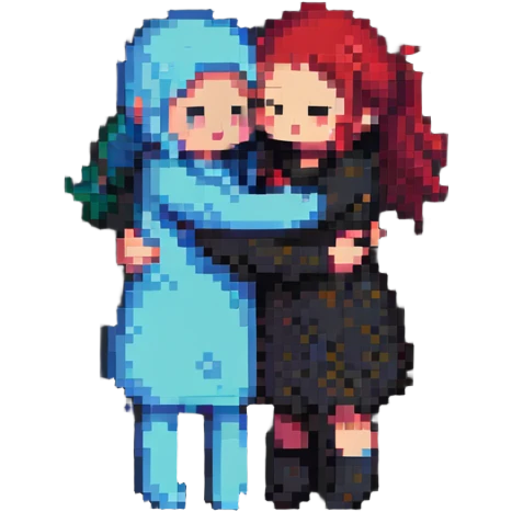 Pixelated characters hugging emoji