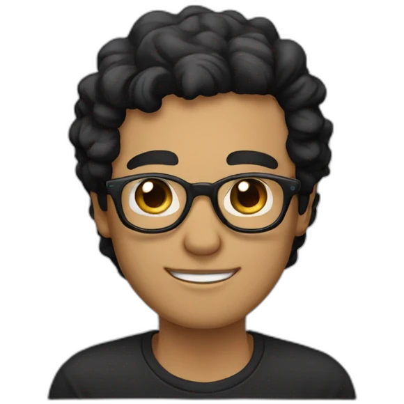 Beige guy, black eyes, black long wavy hair, no facial hair, thin long nose, round glasses, black t shirt emoji