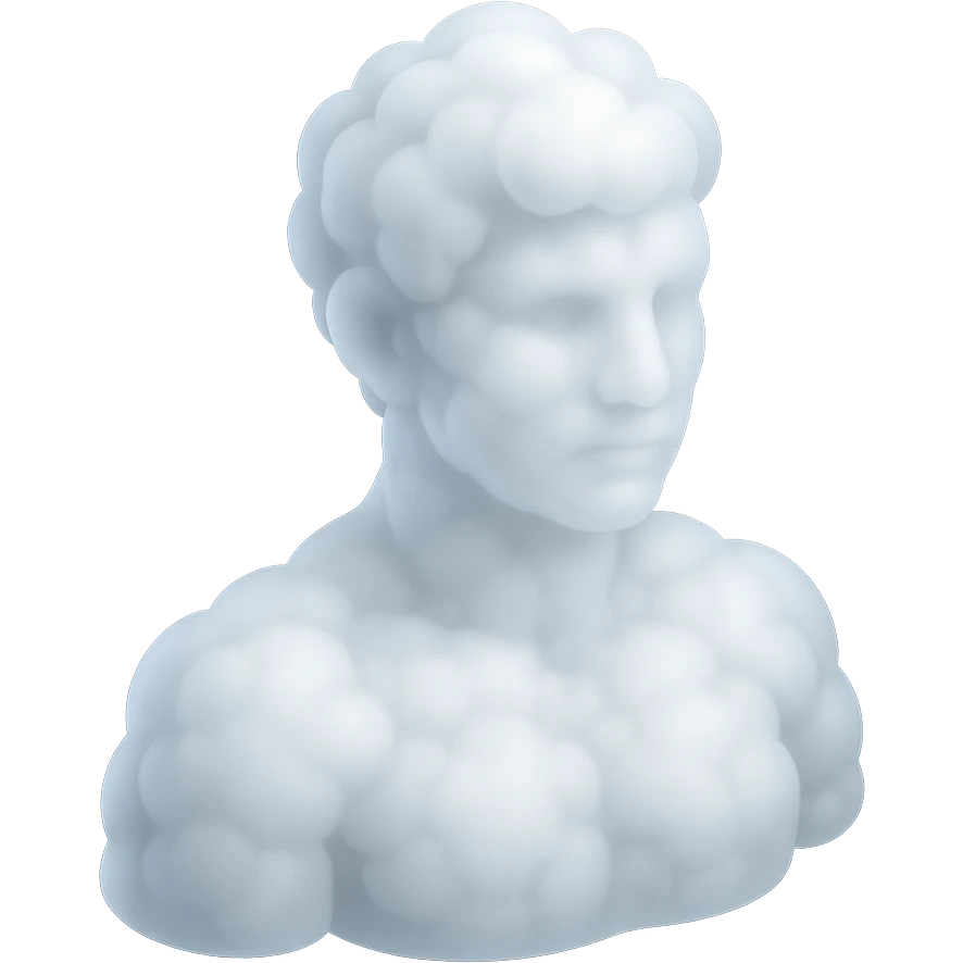 person looking straight, fully made of white fluffy convex clouds, shoulders, matte glass style emoji