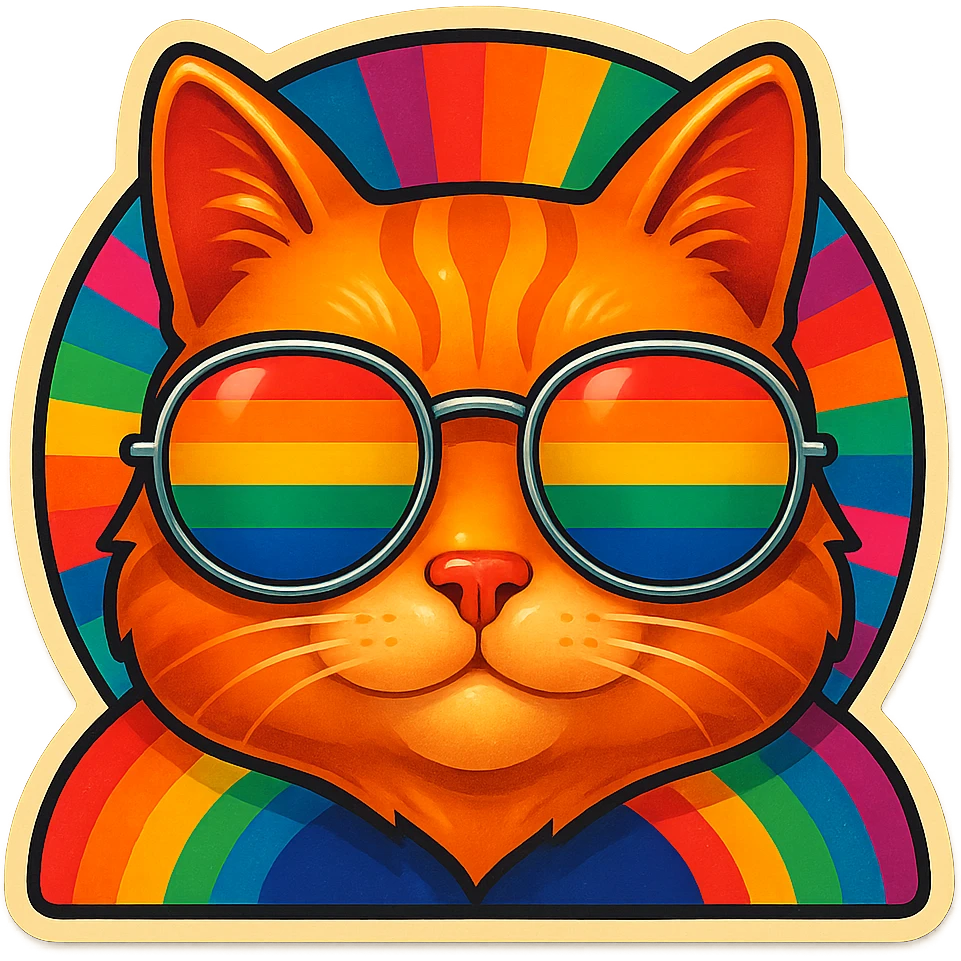 Add a vibrant, colorful background behind the cat with rainbow sunglasses, keep the retro stickers style the same. emoji