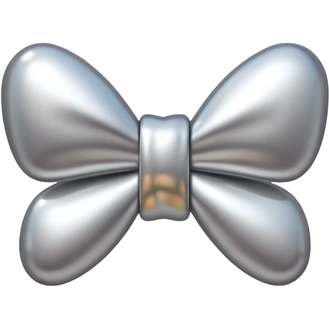 A cute bow emoji made of polished silver chrome, smooth rounded loops, glossy metallic surface, soft mirror reflections, subtle highlights, minimal and adorable proportions, iOS emoji style, centered composition, clean white background, soft studio lighting, no text, no outline, ultra high quality emoji