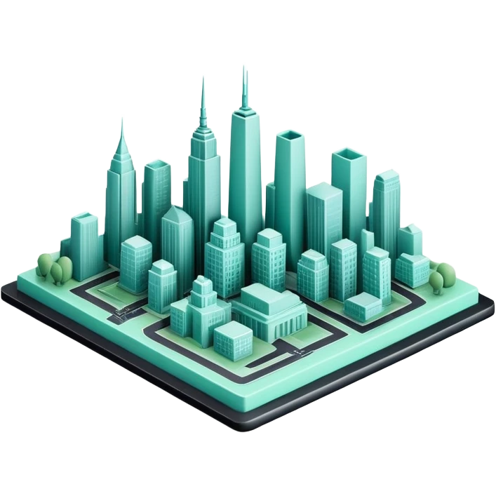 Urbanisme & Aménagement (Urban Planning), 3D techy icon with black and mint green (#B5F4D3) color scheme, city skyline with blueprint emoji